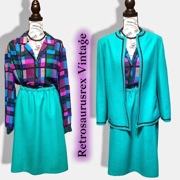 Vintage Funky Two Piece Green Power Suit Skirt Set, Large - Picture 1 of 7